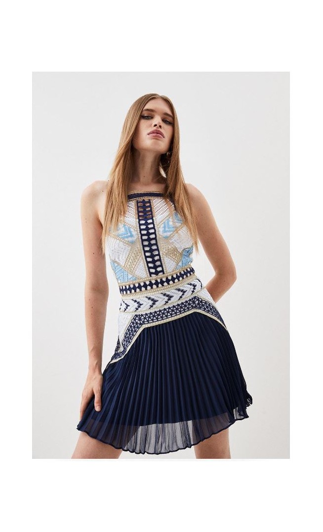 Guipure Lace Tile Printed Embroidered Mini Dress