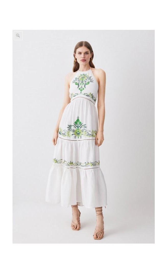 Embroidered Viscose Linen Strappy Midi Dress