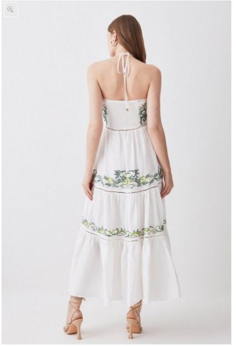 Embroidered Viscose Linen Strappy Midi Dress