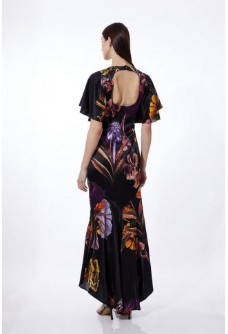 Tall Midnight Floral Satin Crepe Woven Angel Sleeve Maxi