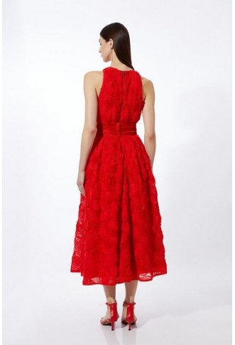 Romantic Rosette Texture Woven Prom Midi Dress