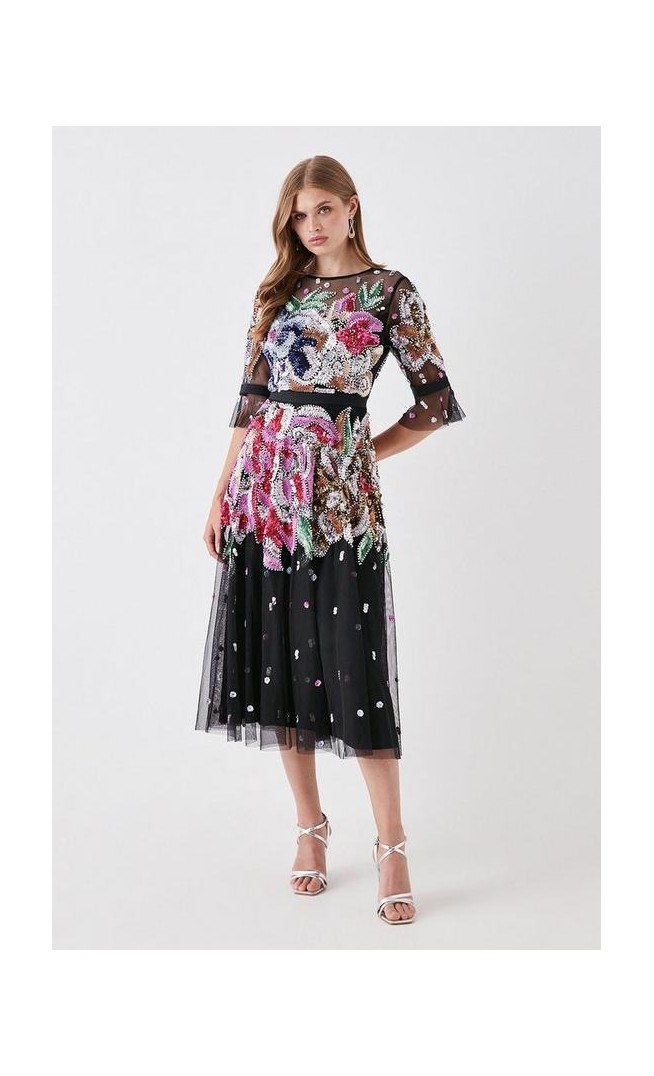 Hand Embellished Mesh Midi Dress With Short Sleeve