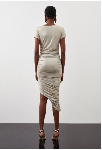 Premium Jersey Metallic Asymmetric Neck Midi Dress