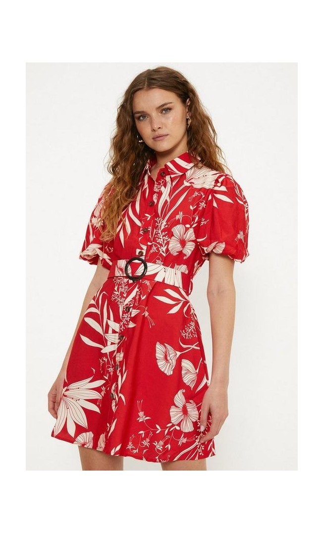 Linen Look Floral Print Puff Sleeve Shirt Dress