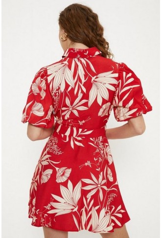 Linen Look Floral Print Puff Sleeve Shirt Dress