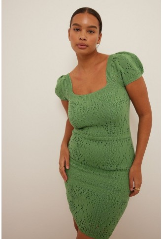 Crochet Knitted Puff Sleeve Mini Dress