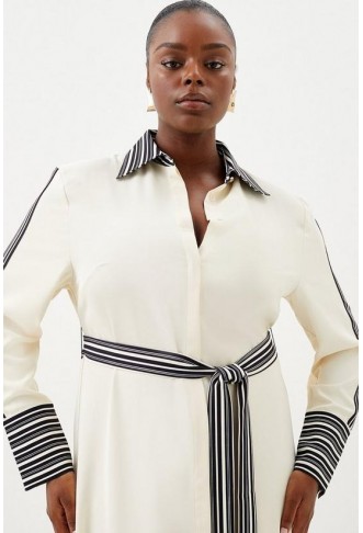 Plus Size Stripe Twill Belted Woven Midi Shirt Dress