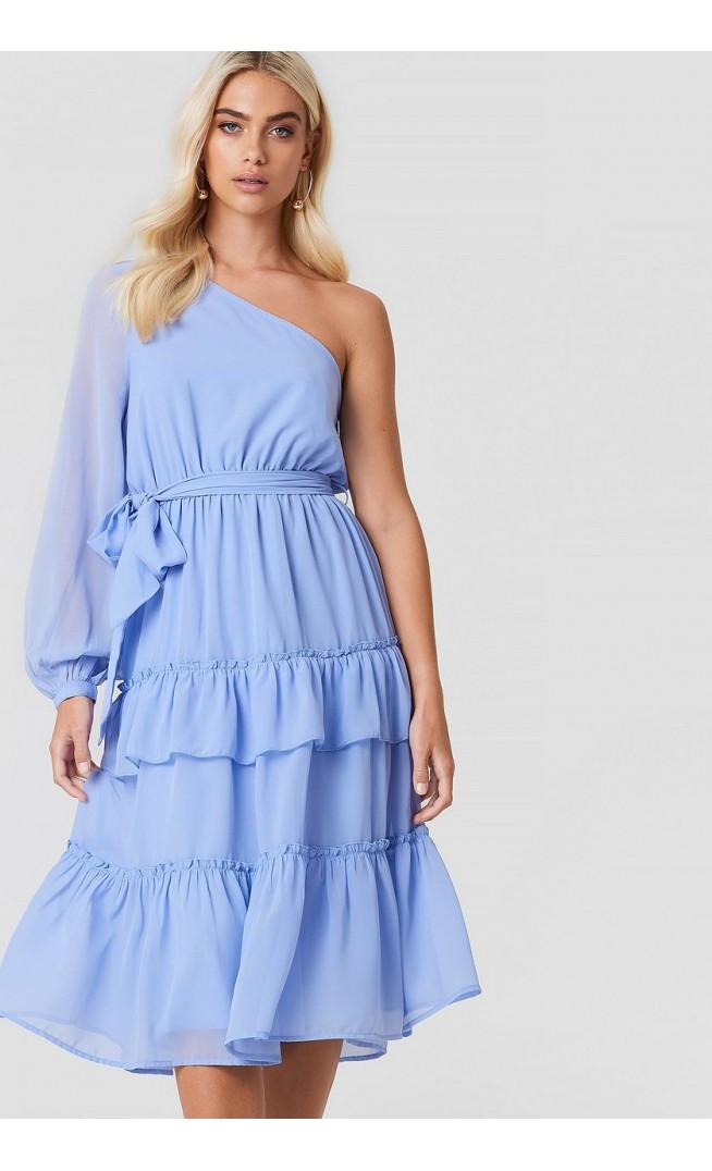 One Shoulder Flounce Midi Dress