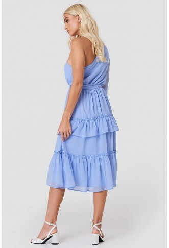 One Shoulder Flounce Midi Dress