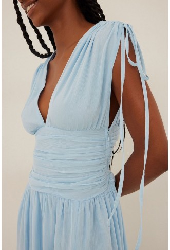 Pleated Waist Shoulder Straps Maxi Dress