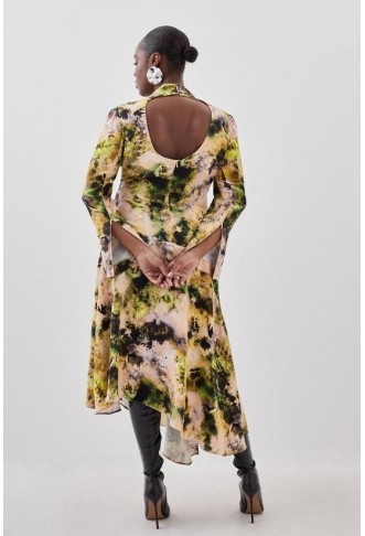 Plus Size Abstract Print Satin Asymmetric Woven Maxi Dress