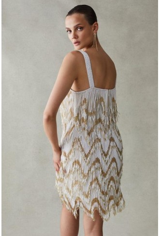 Square Neck Embellished Fringed Mini Dress