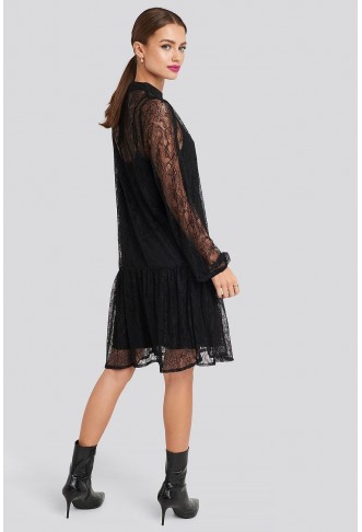 Lace High Neck Balloon Sleeve Mini Dress