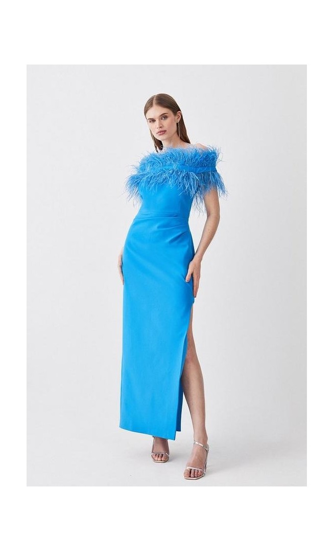 Feather Bardot Stretch Crepe Tailored Maxi Dress