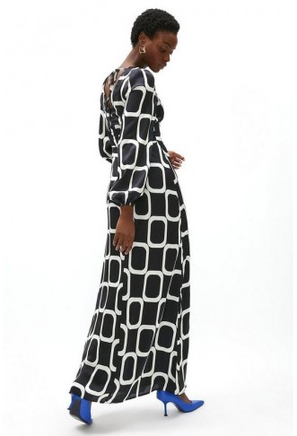 Printed Satin V Neck Maxi Dress