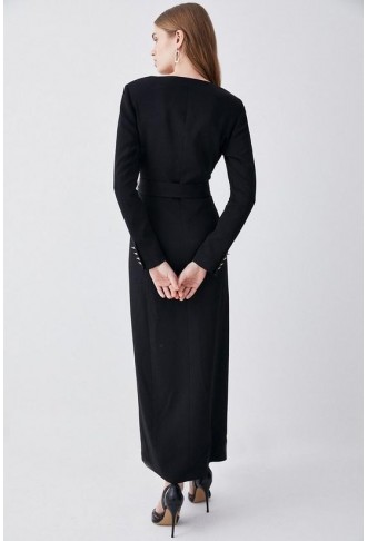 Compact Viscose Tux Sleeved Belted Maxi Dress