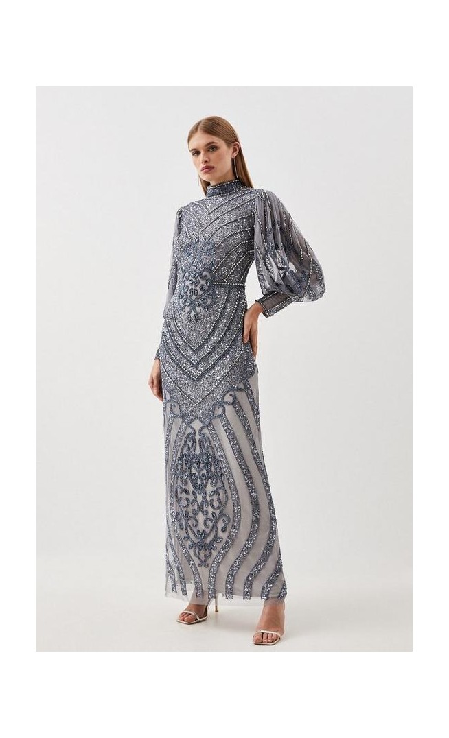 Tall Crystal Embellished Balloon Sleeve Woven Maxi Dress