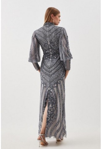 Tall Crystal Embellished Balloon Sleeve Woven Maxi Dress