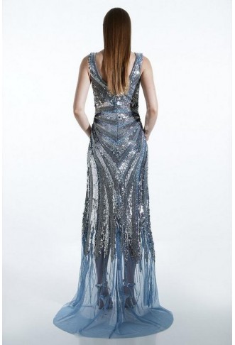 Deco Crystal Embellished Plunge Woven Maxi Dress