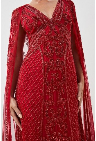 Petite Embellished Woven Maxi Dress With Cape