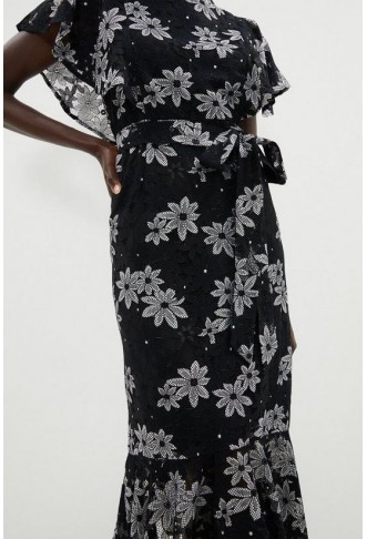 Lace Ruffle Shoulder Midi Dress