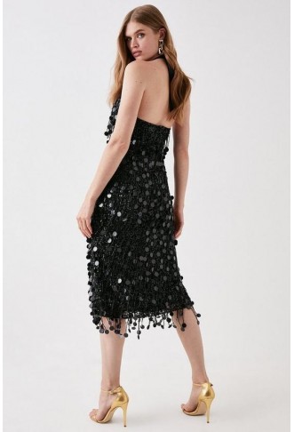 Disc Sequin Halterneck Midi Dress