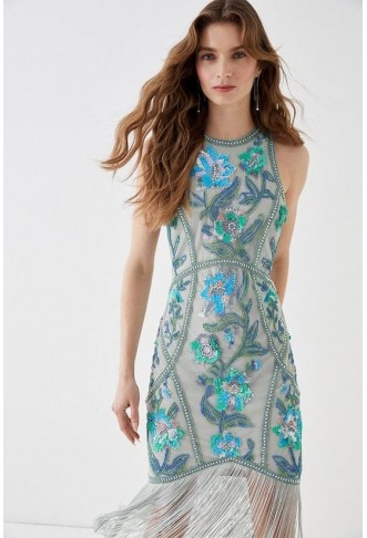 Alexandra Farmer Hand Embellished Midi Dress With Ombre Frin