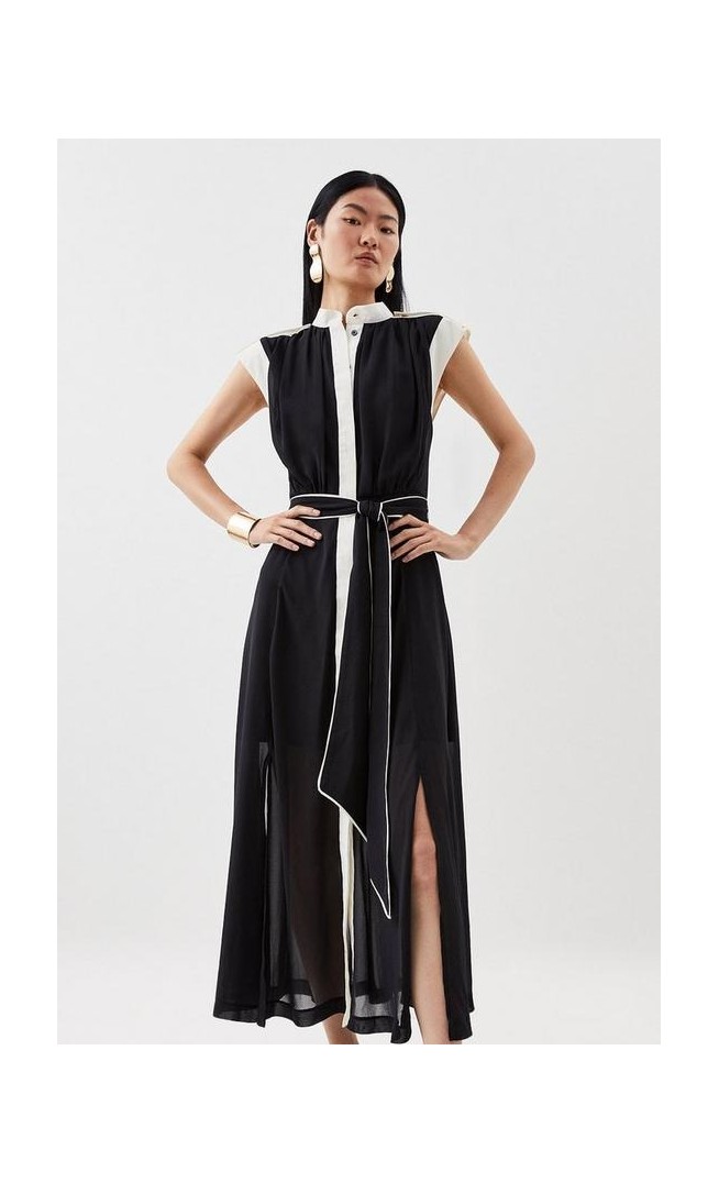 Tall Military Belted Woven Midi Dress