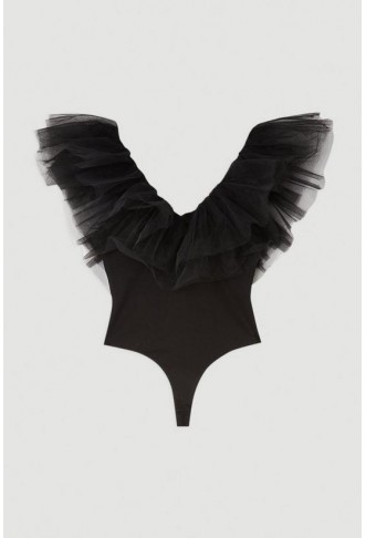 Ponte And Tulle Drama Plunge Jersey Bodysuit