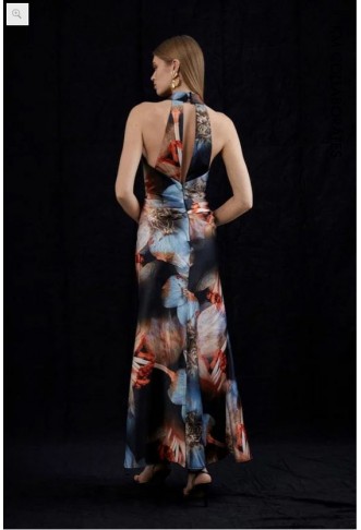 Photographic Floral Woven Satin Maxi Dress