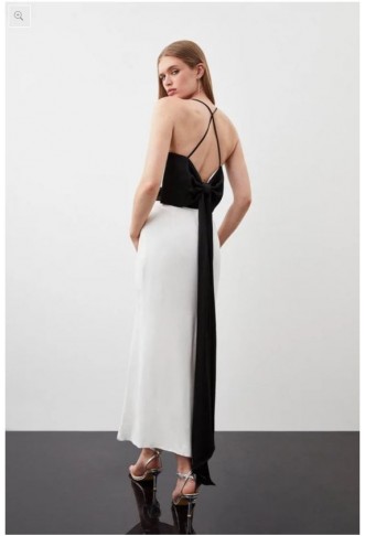 Satin Cowl Neck Strappy Bow Woven Midi Dress
