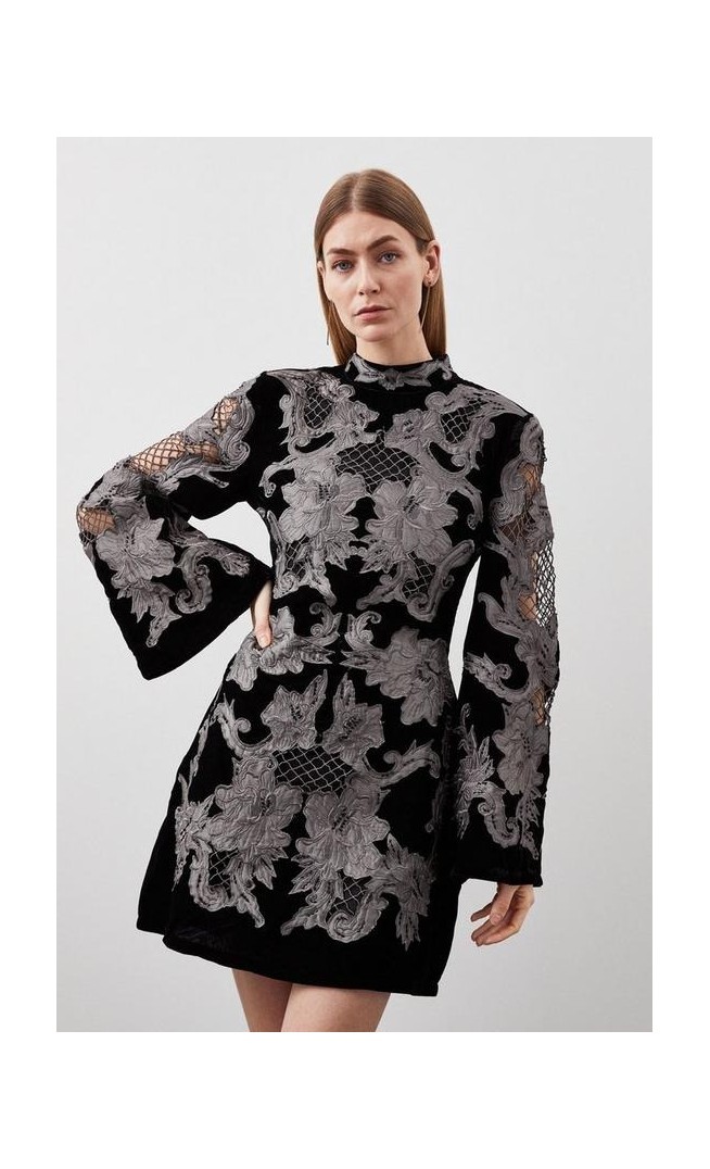 Velvet Applique Woven Mini Dress