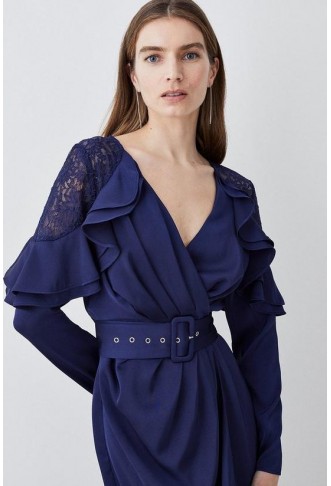 Satin And Lace Ruffle Woven Midi Dress