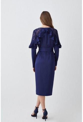 Satin And Lace Ruffle Woven Midi Dress