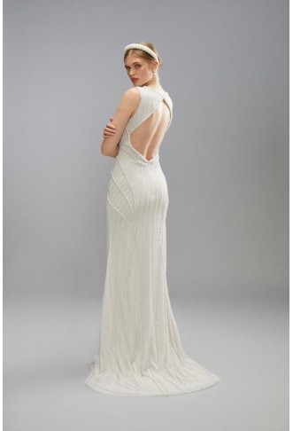 Sculpting Pearl And Diamante Embellished Bridal Maxi Dress