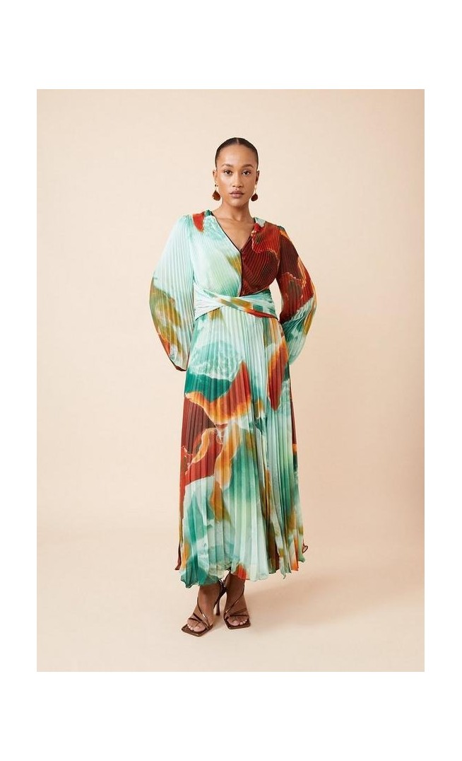 Abstract Printed Soft Pleated Woven Maxi Dress