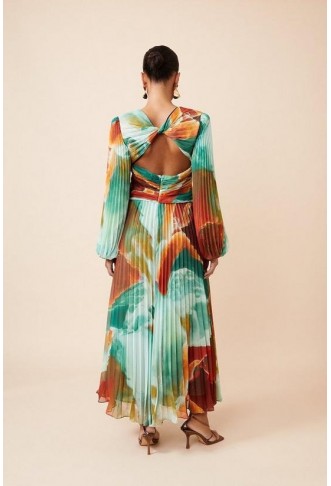 Abstract Printed Soft Pleated Woven Maxi Dress