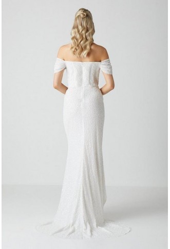 Draped Bardot Cap Sleeve Wrap Skirt Wedding Dress