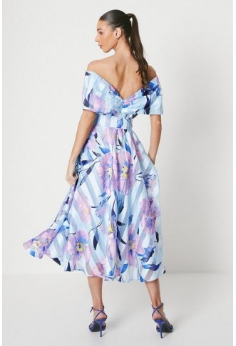 Printed Stripe Organza Bardot Midi Dress