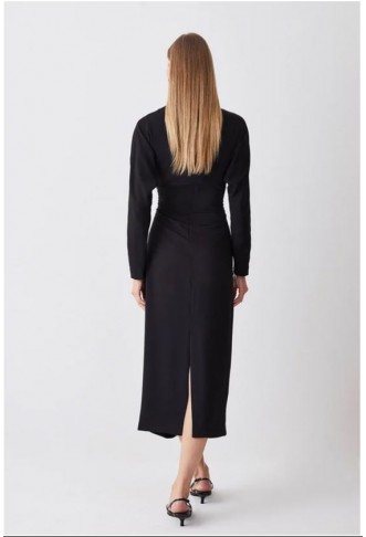 Ruched Crepe Rounded Sleeve Midi Dress