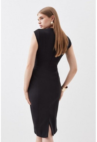 Compact Stretch Tailored Envelope Neck Pencil Midi Dress