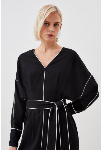 Mono Satin Back Woven Crepe Contrast Piping Maxi Dress