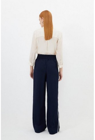 Contrast Piping Satin Back Crepe Woven Straight Leg Trousers