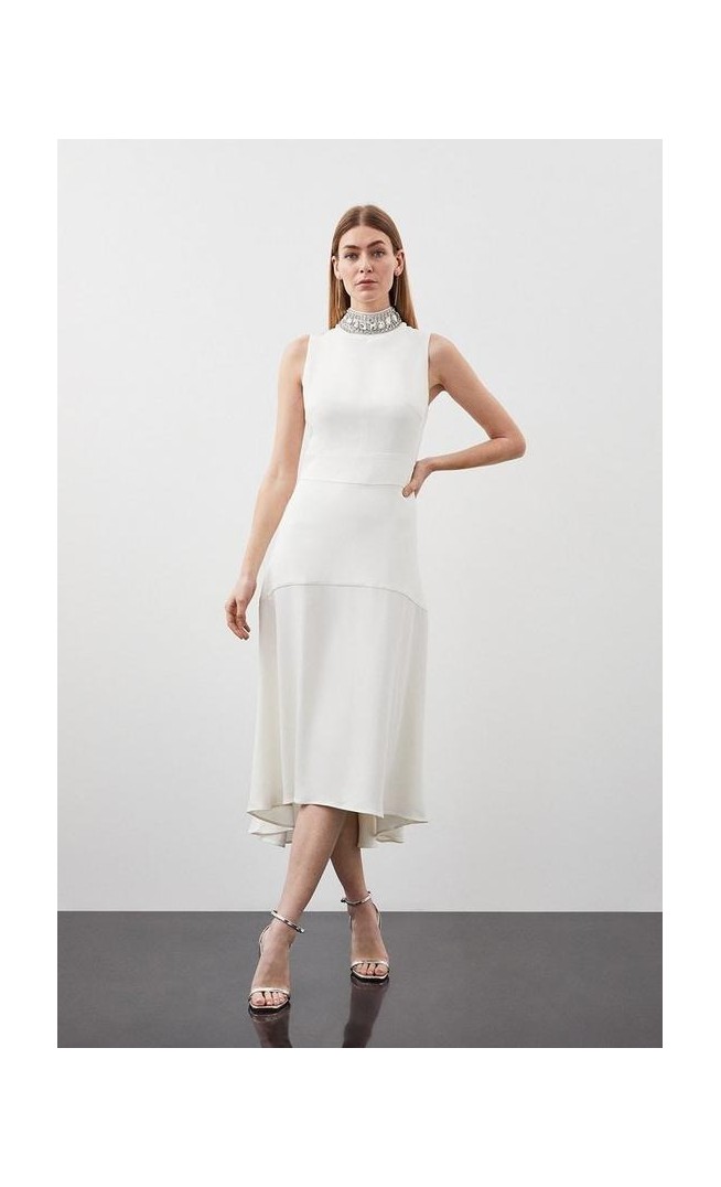 Embellished Neck Compact Viscose High Low Tailored Midi Dress