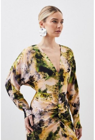 Petite Abstract Print Viscose Satin Batwing Long Sleeve Midi