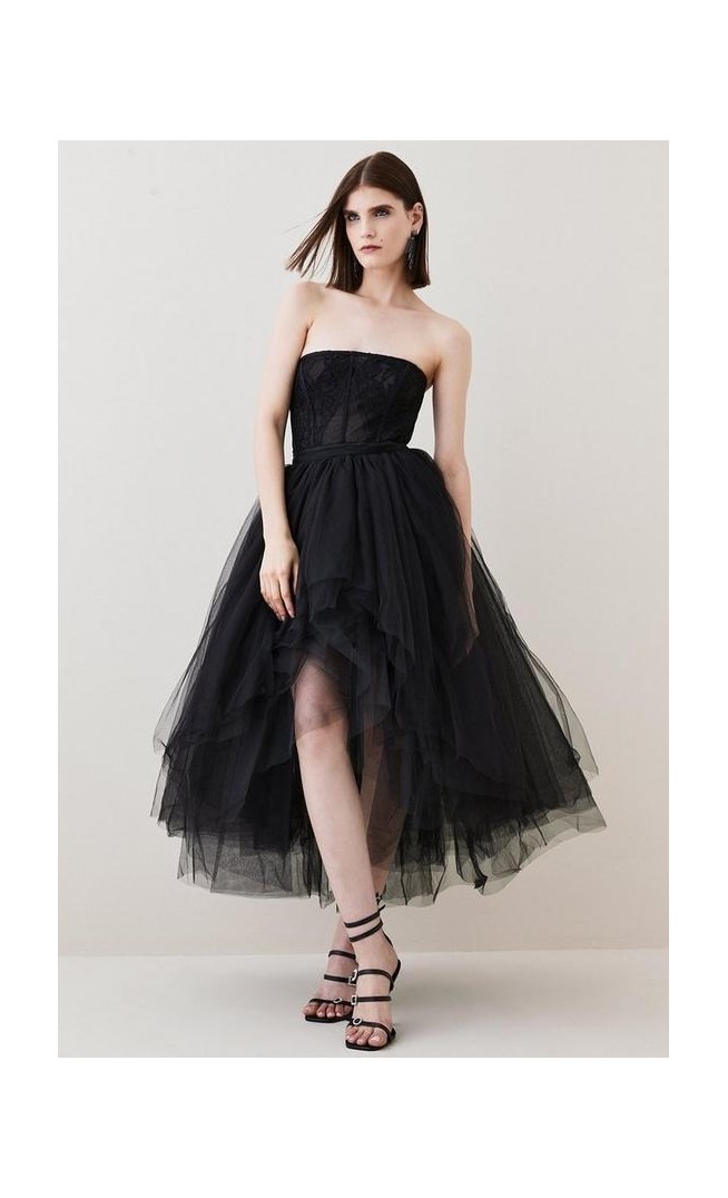 Lace And Tulle High Low Belted Woven Midi Dress