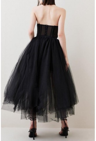 Lace And Tulle High Low Belted Woven Midi Dress