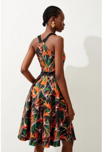 Tropical Lily Print Cotton Sateen Halter Midi Dress