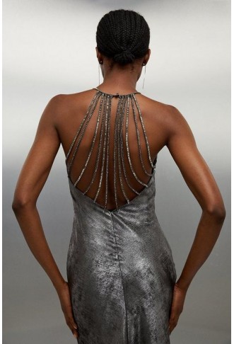 Premium Metallic Diamante Detail Halter Woven Maxi Dress