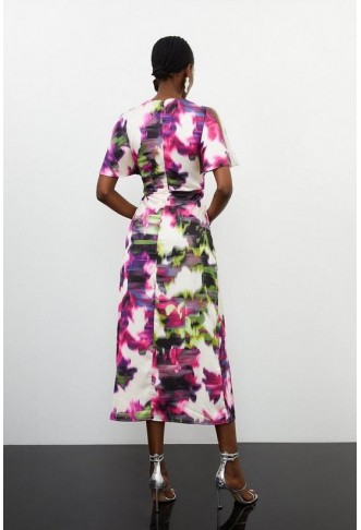 Petite Blurred Floral Print Woven Angel Sleeve Midi Dress